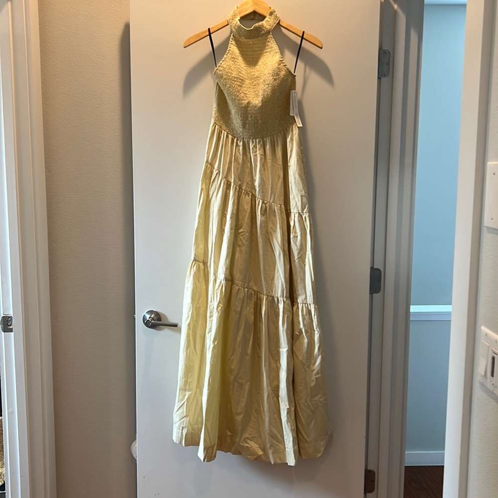 SWF buttercream smocked halter maxi dress with tiered skirt